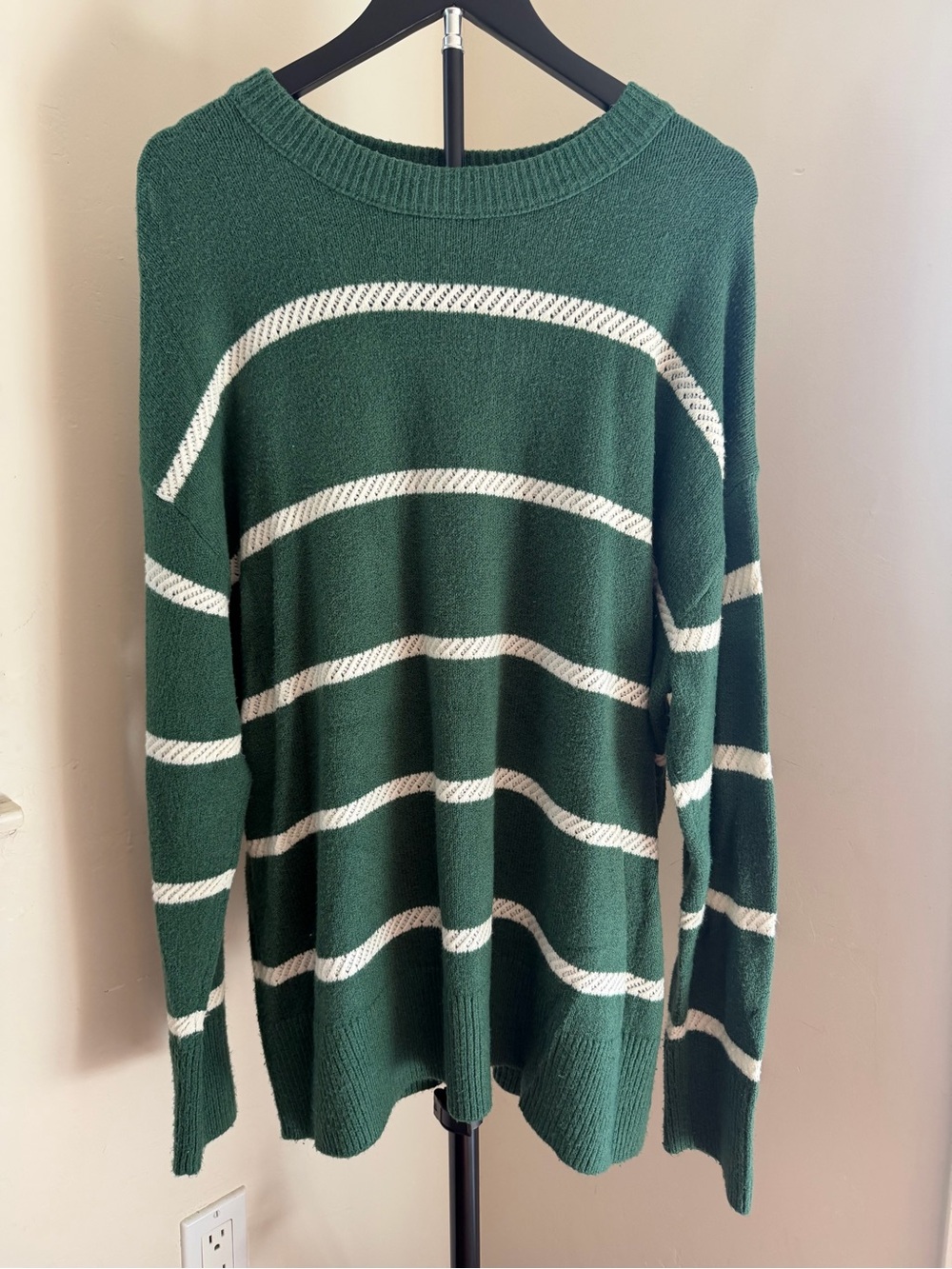 aerie Green and White Striped Oversized Crewneck Sweater